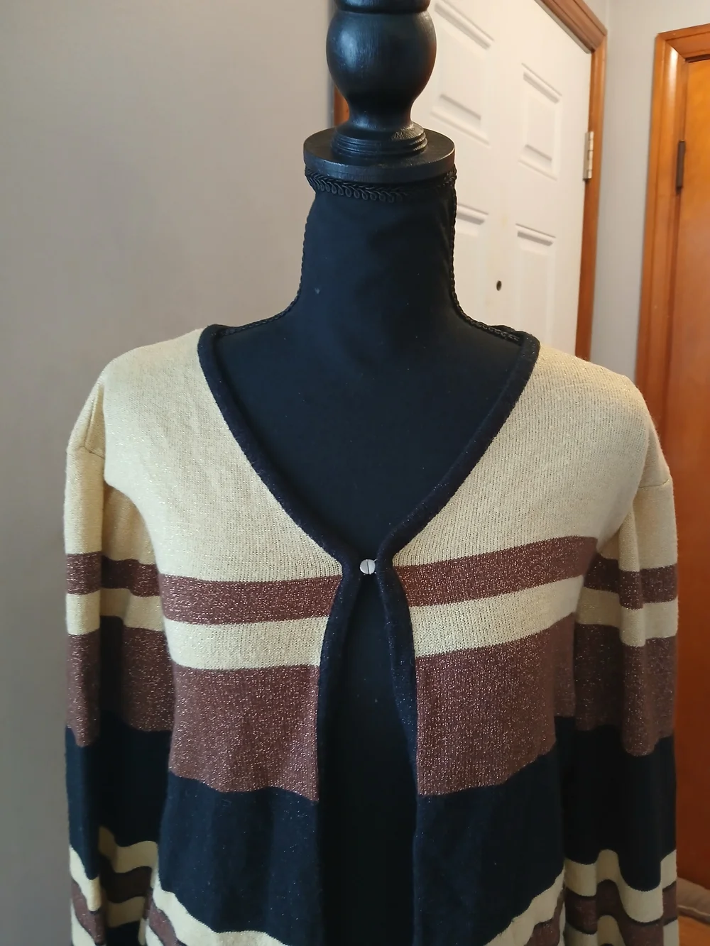 Sag Harbor Navy, Brown & Cream Striped Open-Front Cardigan Women's XL